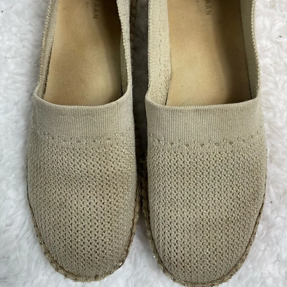 Cole Haan knitted Khaki lite Espadrille Loafer strings of gold threads size 10B